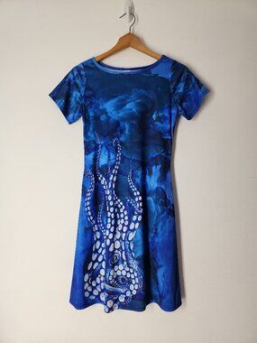 Sport Couture giant octopus print blue A-line dress stretchy short sleeve S